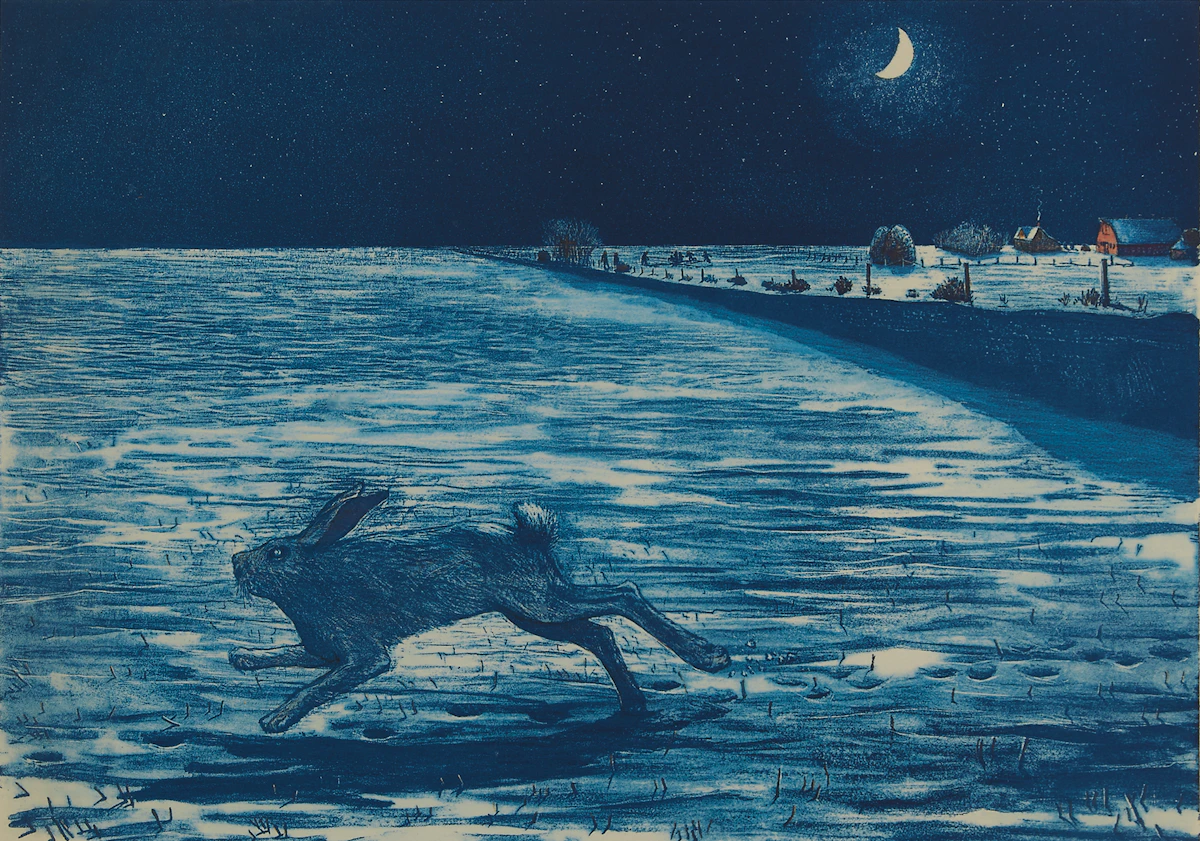 William Kurelek, A Prairie Winter’s Night, colour lithograph