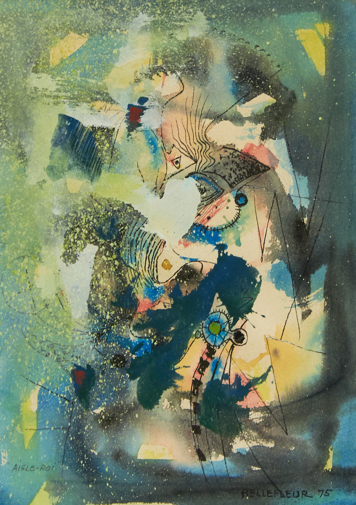 Léon Bellefleur, Aigle-Roi, mixed media on paper, 1975