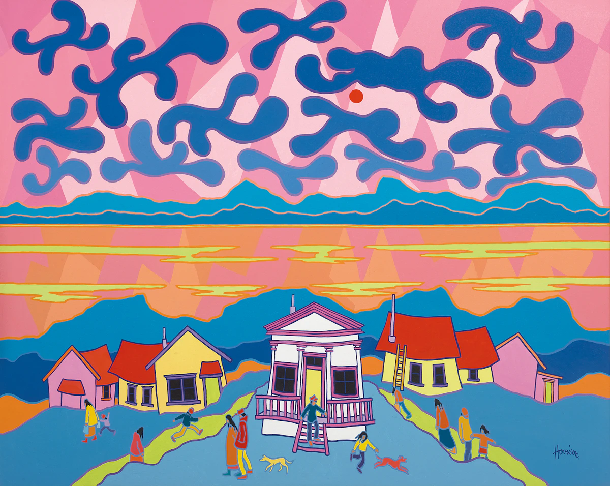 Ted Harrison, The Grecian House (Dawson City), acrylic on canvas, 1982