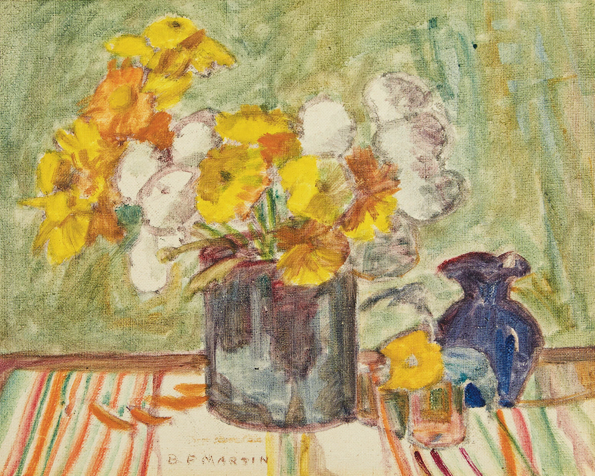 Bernice Fenwick Martin, Gold and White Blooms, oil on board