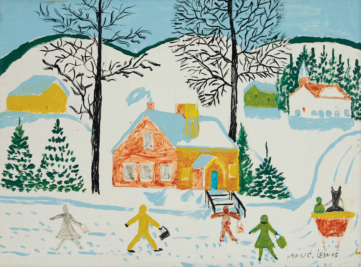 Maud Lewis, Children Walking in the Snow, mixed media on beaver board