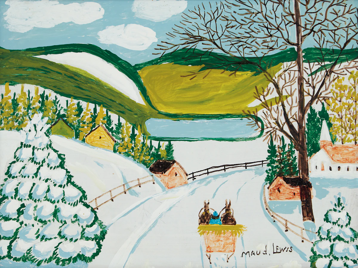 Maud Lewis, Winter Sleighing Scene, mixed media on masonite