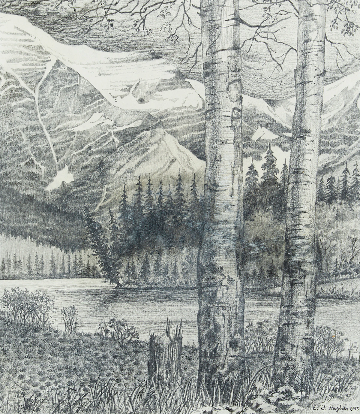 Edward John Hughes, Robson River, graphite, 1955
