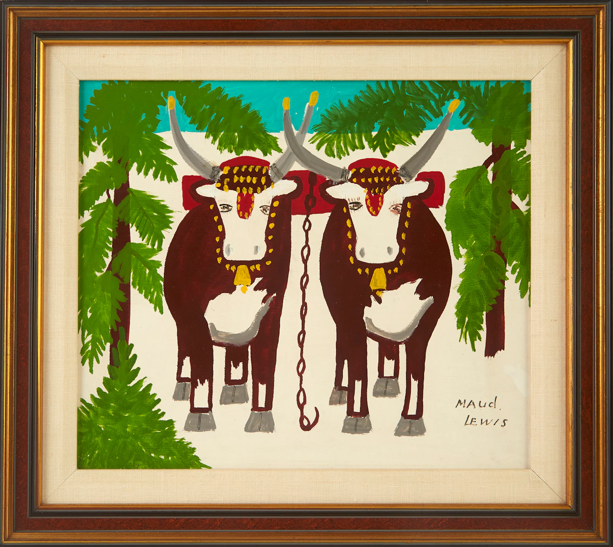 Maud Lewis, Pair of Oxen in Winter, oil on board, circa 1968