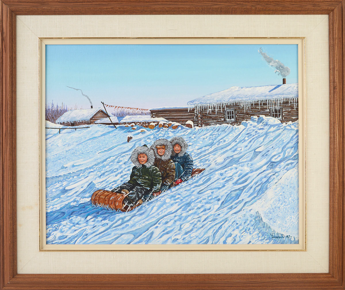 Robert Paananen, Toboggan Riders, acrylic on canvas board, 1997