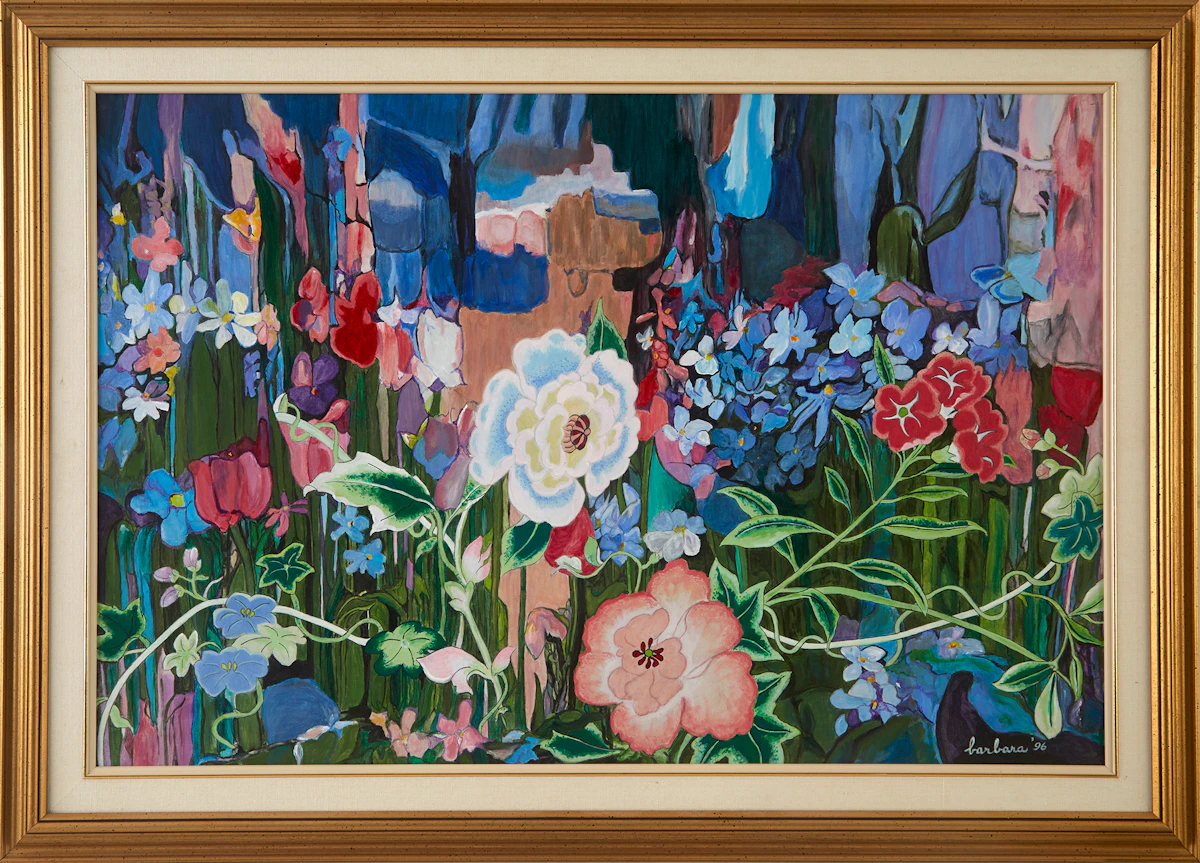 Unknown Artist, Flowers in the Garden, oil on canvas board, 1996