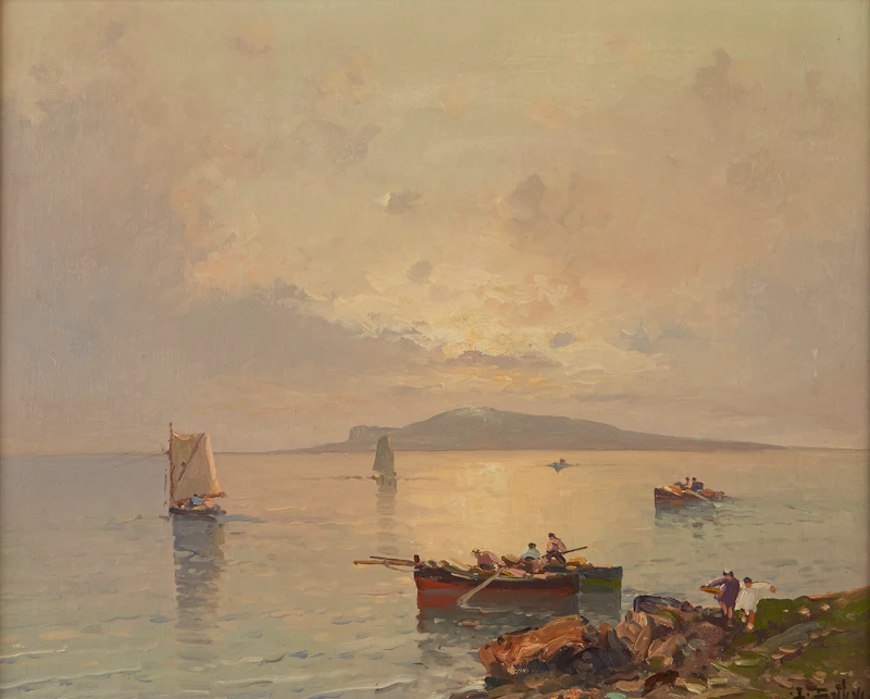 Ernest Salvi, Fishing Boats Setting Out at Dawn, oil on canvas - view 2