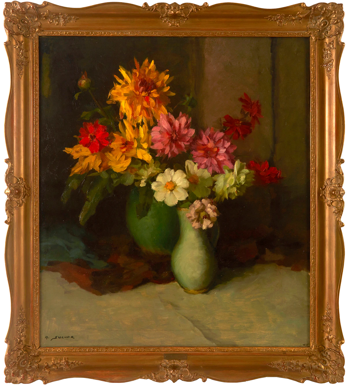 A. Sucher, Still Life with Vases of Garden Flowers, oil on canvas