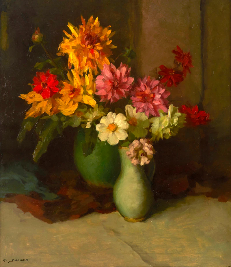 A. Sucher, Still Life with Vases of Garden Flowers, oil on canvas - view 2