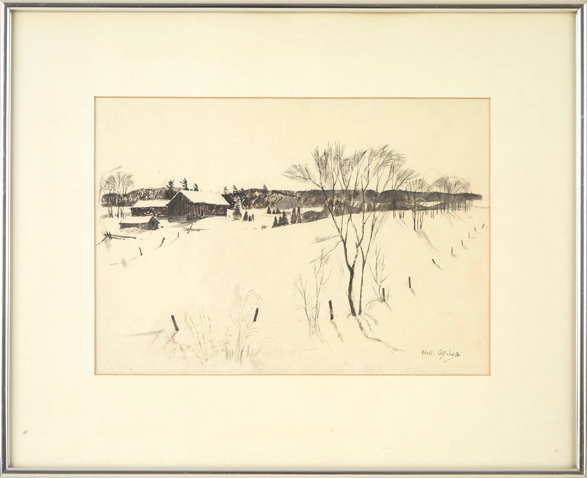William Abernethy Ogilvie, Valley in Winter, pen and ink on paper