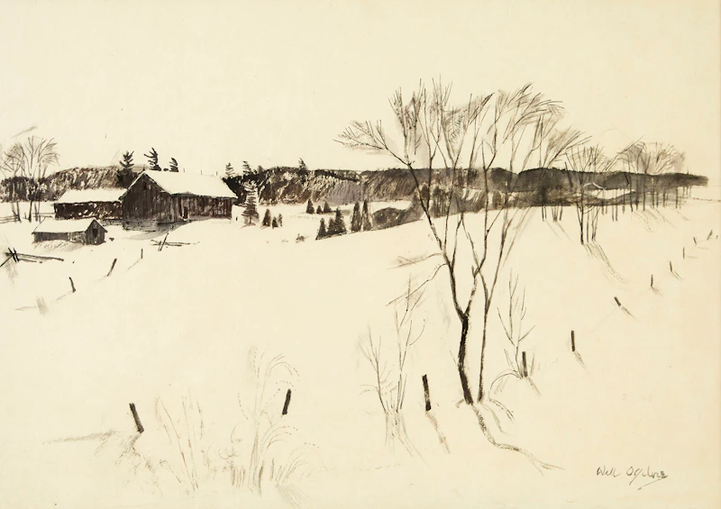 William Abernethy Ogilvie, Valley in Winter, pen and ink on paper - view 2