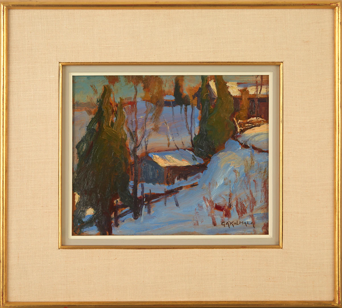 George Arthur Kulmala, Winter Landscape with Buildings, oil on board