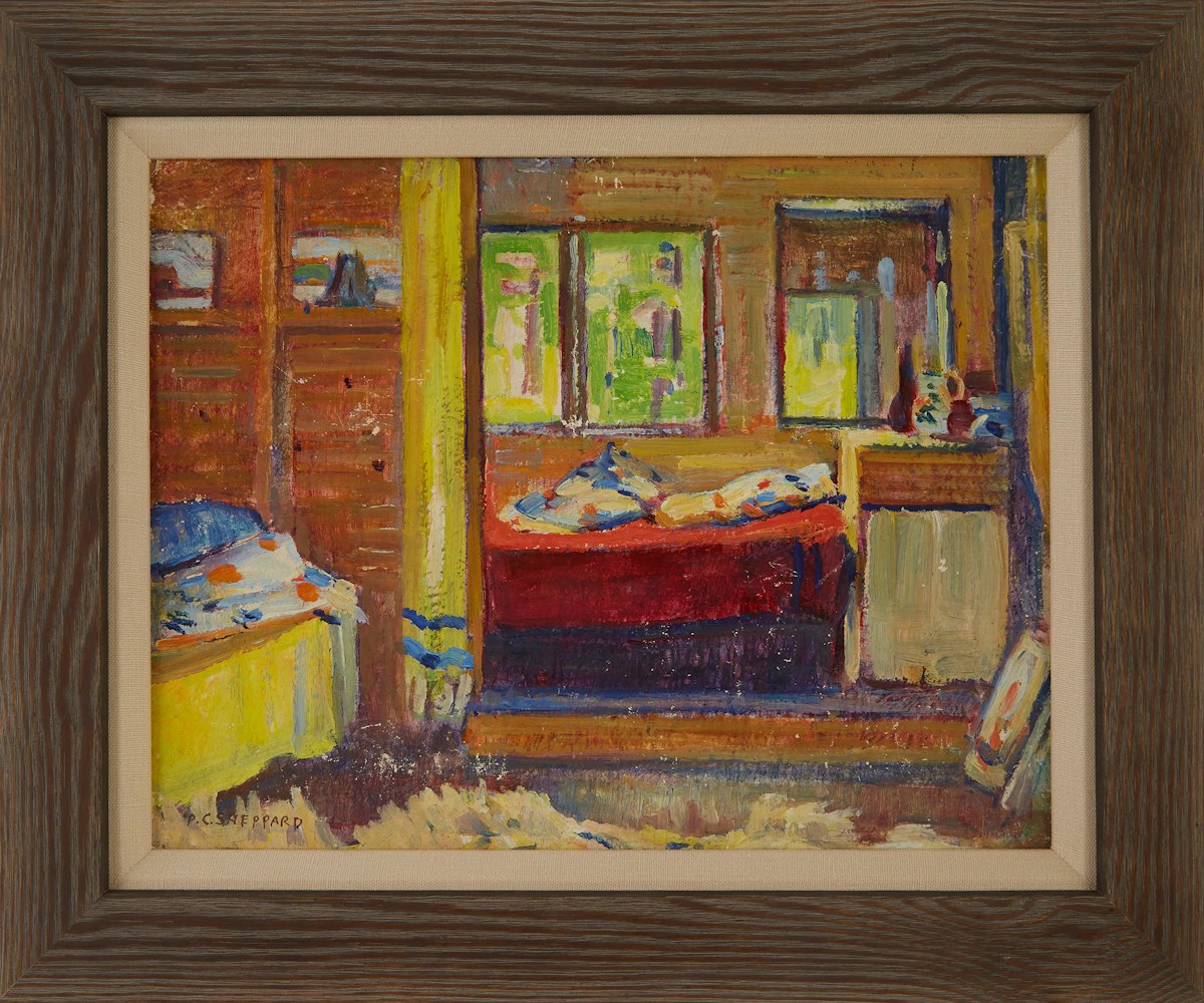 Peter Clapham Sheppard, Cottage Interior, Prospect Lake, 1944, oil on board