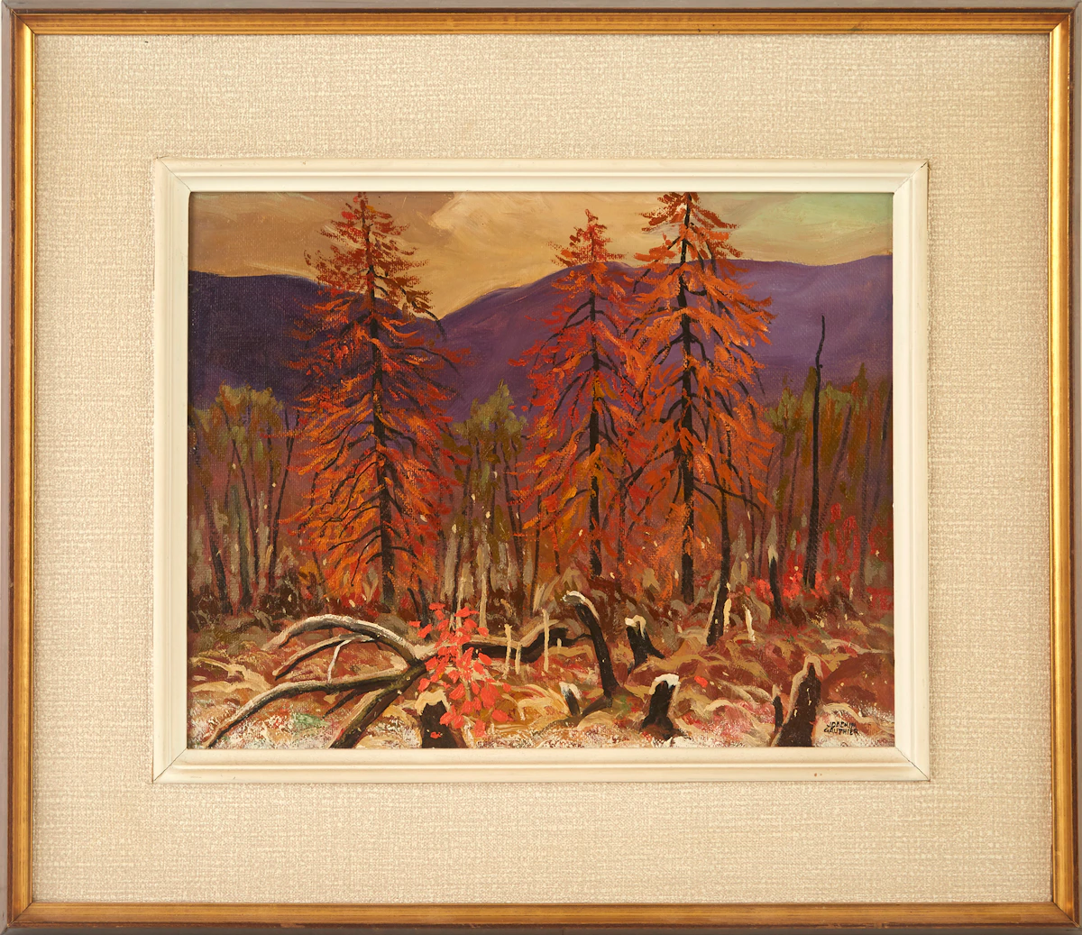Joachim George Gauthier, Tamaracks and Early Snowfall, oil on board