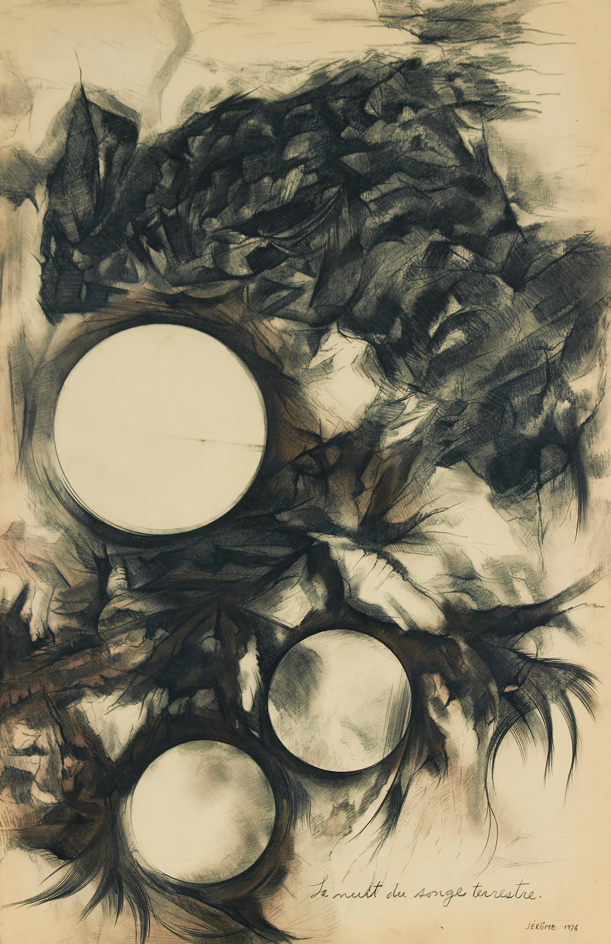 Jean-Paul Jérôme, La nuit du songe terrestre, charcoal on paper mounted on card, 1976