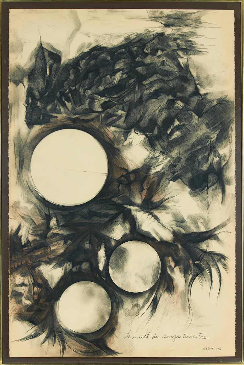 Jean-Paul Jérôme, La nuit du songe terrestre, charcoal on paper mounted on card, 1976 - view 2