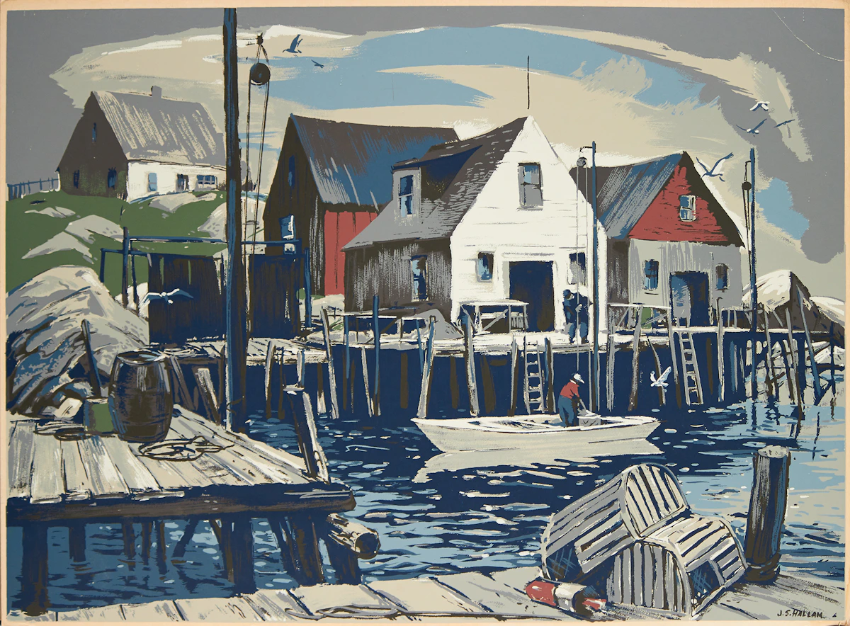 Joseph Sidney Hallam, Fish Houses, Indian Harbour, Sampson Matthews silkscreen
