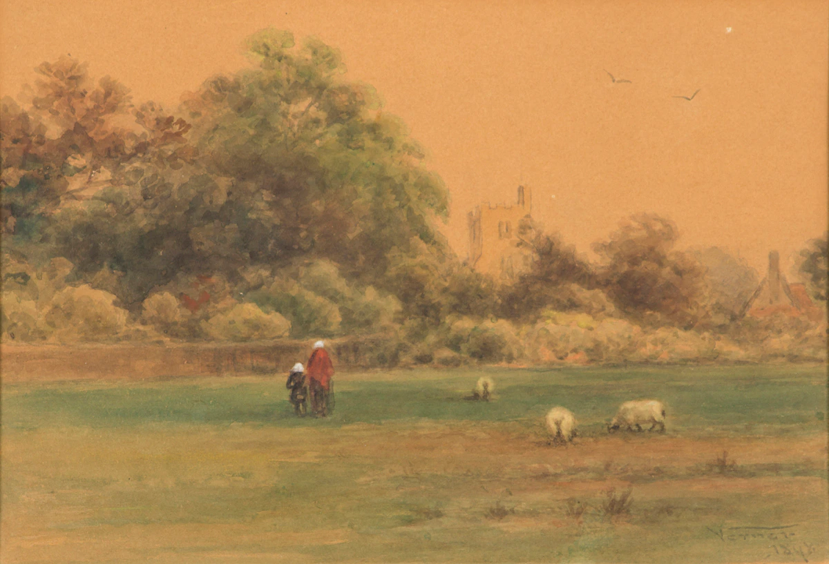 Frederick Arthur Verner, A Garden Walk with Sheep, watercolour on paper, 1898
