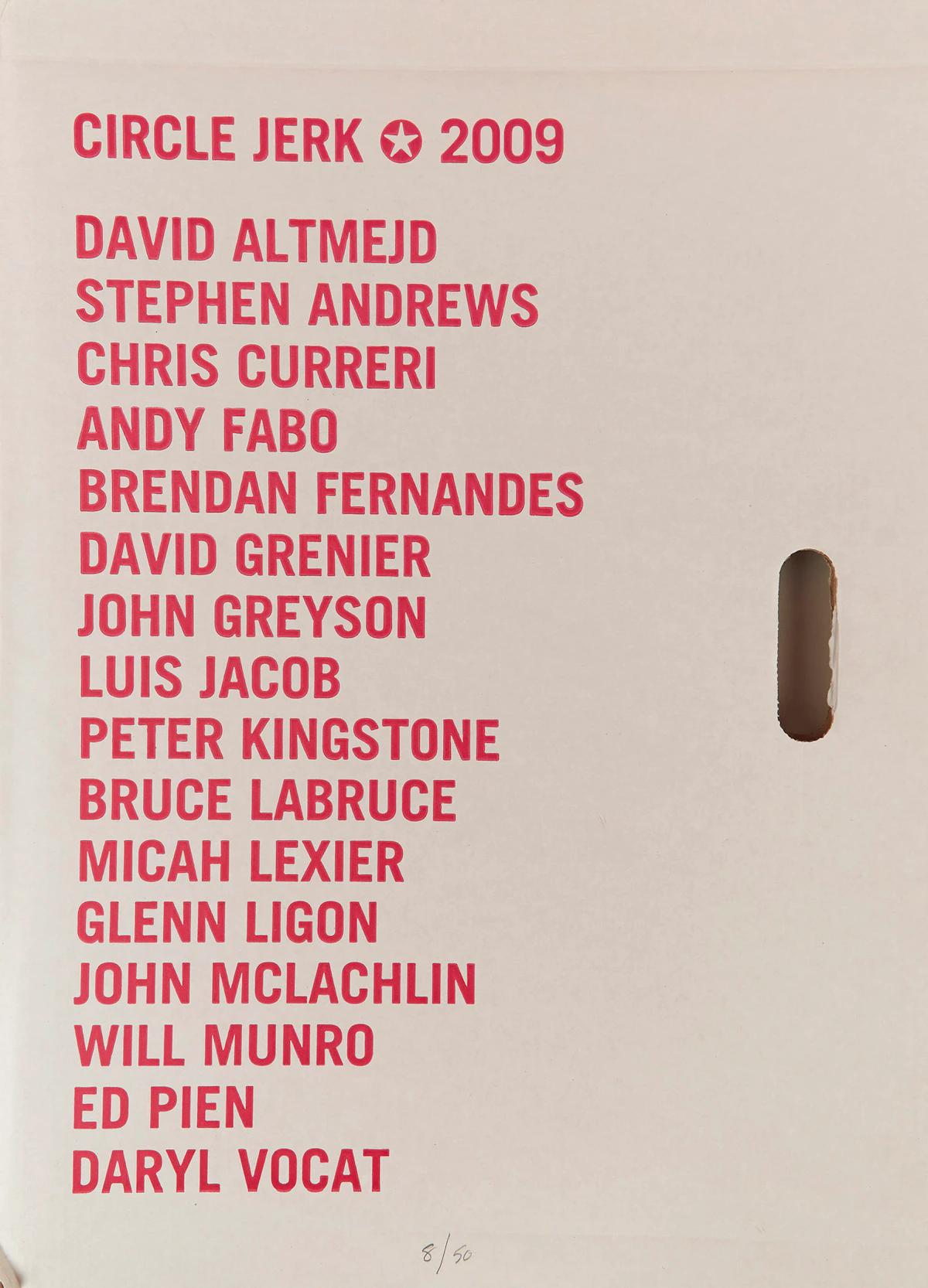 David Altmejd Stephen Andrews Chris Curreri Andy Fabo Brendan Fernandes David Grenier John Greyson Luis Jacob Peter Kingstone Bruce Labruce Micah Lexier John McLachlin Will Munro Ed Pien Daryl Vocat, Circle Jerk (2009 Portfolio), fifteen photo offset lithographs, 2009