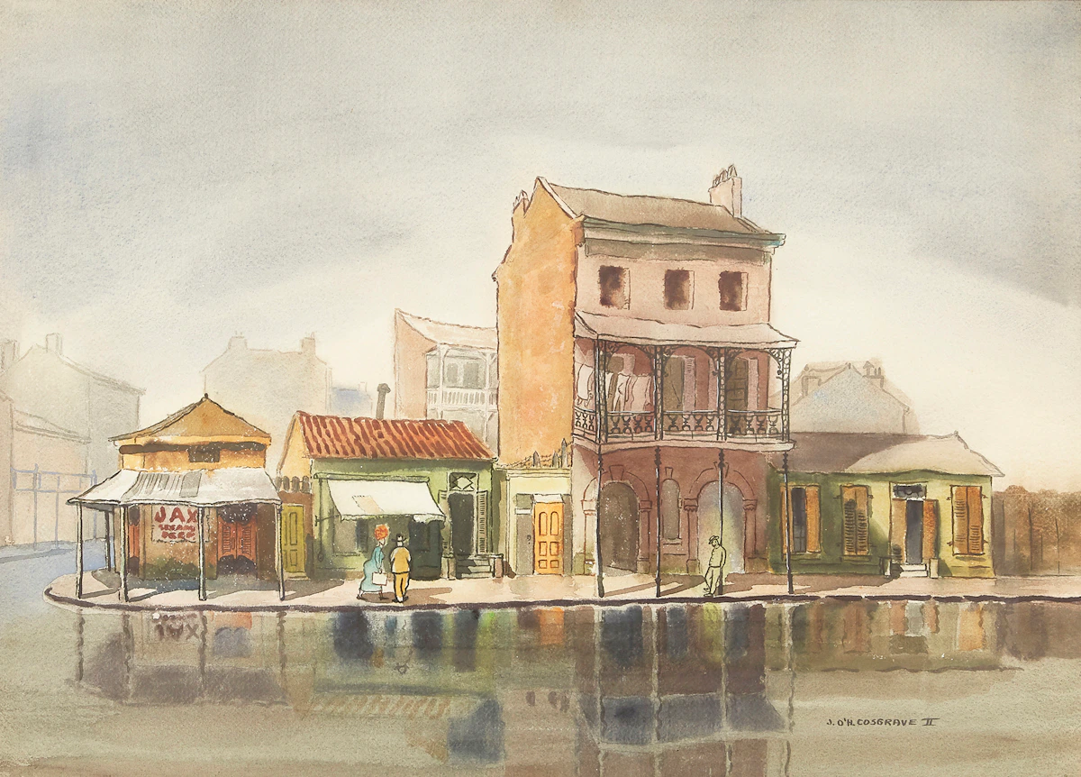 John O’Hara Cosgrave II, Figures with Buildings, watercolour