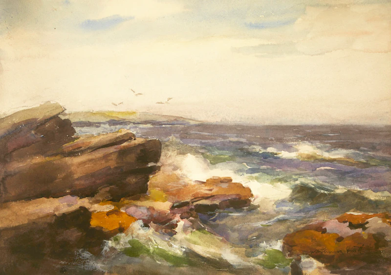 William St Thomas-Smith, Coastal Scene with Crashing Waves, watercolour - view 2