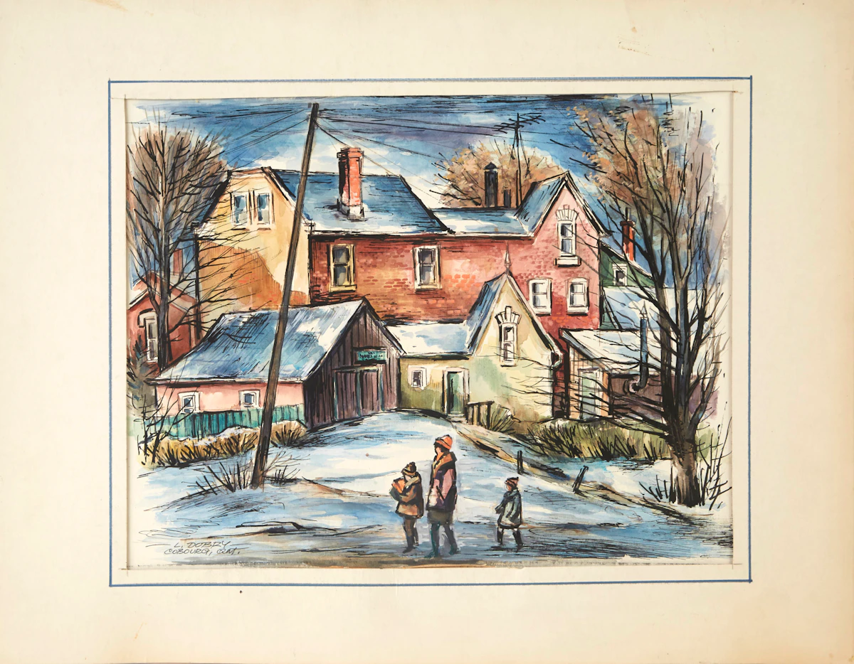 Louis  Dobry, Toronto, Ont., Greenwood Ave. at Sanford Ave.; Houses in Winter, Toronto, Ont.; Toronto, Ont.; Toronto, Ont., Queen St. W.- Jamison Ave Area; Cobourg, Ont., five mixed media works