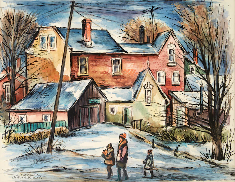 Louis  Dobry, Toronto, Ont., Greenwood Ave. at Sanford Ave.; Houses in Winter, Toronto, Ont.; Toronto, Ont.; Toronto, Ont., Queen St. W.- Jamison Ave Area; Cobourg, Ont., five mixed media works - view 2