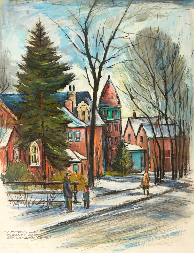 Louis  Dobry, Toronto, Ont., Greenwood Ave. at Sanford Ave.; Houses in Winter, Toronto, Ont.; Toronto, Ont.; Toronto, Ont., Queen St. W.- Jamison Ave Area; Cobourg, Ont., five mixed media works - view 4