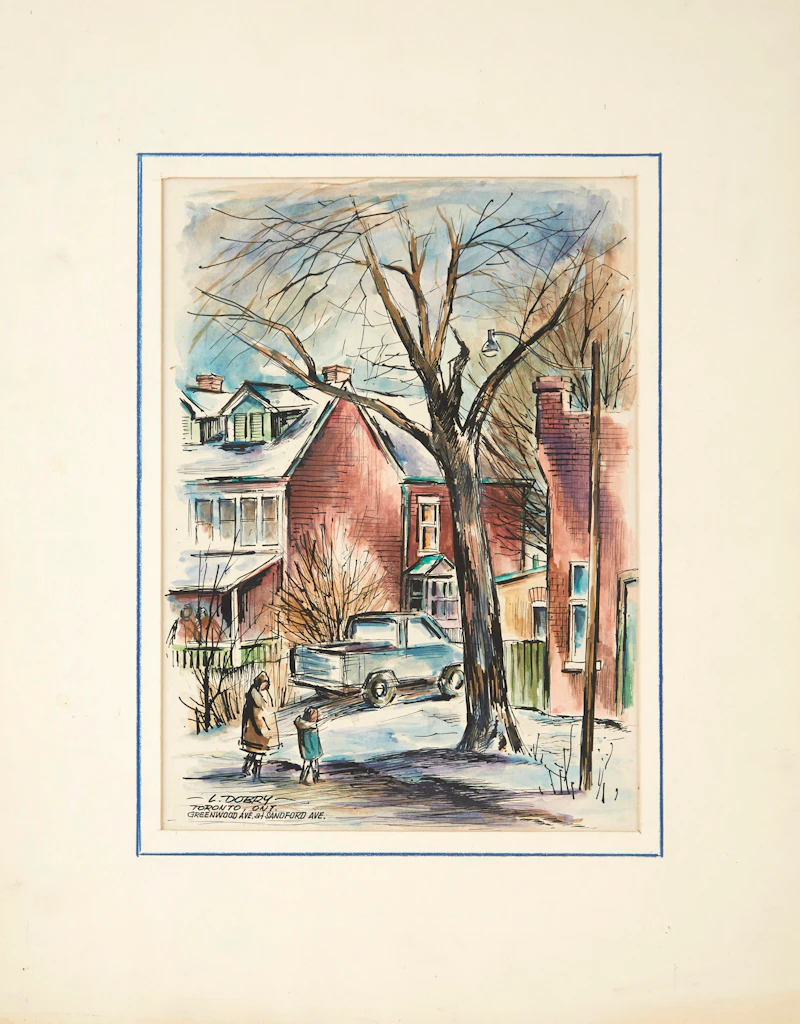Louis  Dobry, Toronto, Ont., Greenwood Ave. at Sanford Ave.; Houses in Winter, Toronto, Ont.; Toronto, Ont.; Toronto, Ont., Queen St. W.- Jamison Ave Area; Cobourg, Ont., five mixed media works - view 6
