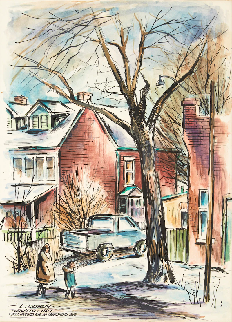 Louis  Dobry, Toronto, Ont., Greenwood Ave. at Sanford Ave.; Houses in Winter, Toronto, Ont.; Toronto, Ont.; Toronto, Ont., Queen St. W.- Jamison Ave Area; Cobourg, Ont., five mixed media works - view 7