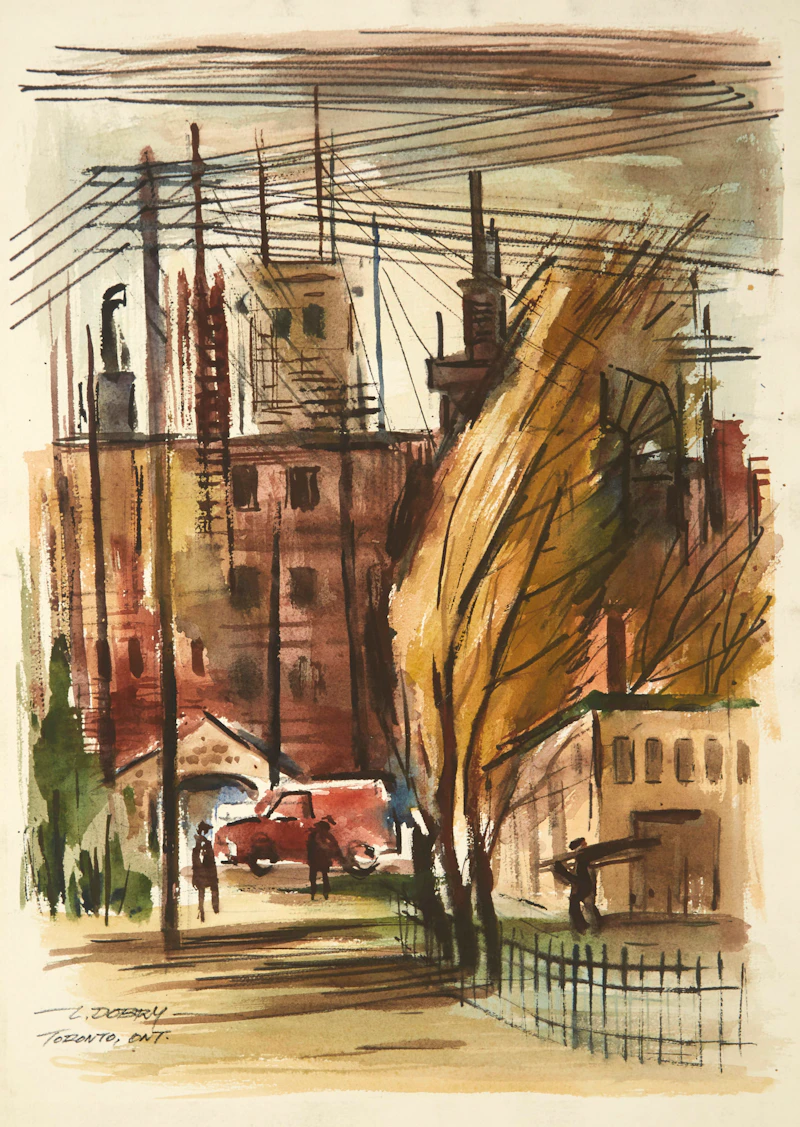 Louis  Dobry, Toronto, Ont., Greenwood Ave. at Sanford Ave.; Houses in Winter, Toronto, Ont.; Toronto, Ont.; Toronto, Ont., Queen St. W.- Jamison Ave Area; Cobourg, Ont., five mixed media works - view 9