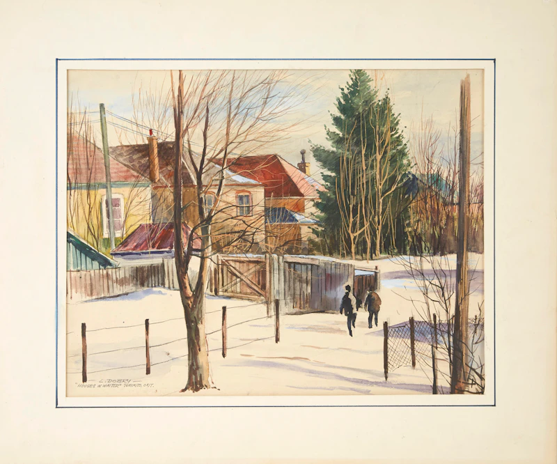 Louis  Dobry, Toronto, Ont., Greenwood Ave. at Sanford Ave.; Houses in Winter, Toronto, Ont.; Toronto, Ont.; Toronto, Ont., Queen St. W.- Jamison Ave Area; Cobourg, Ont., five mixed media works - view 11