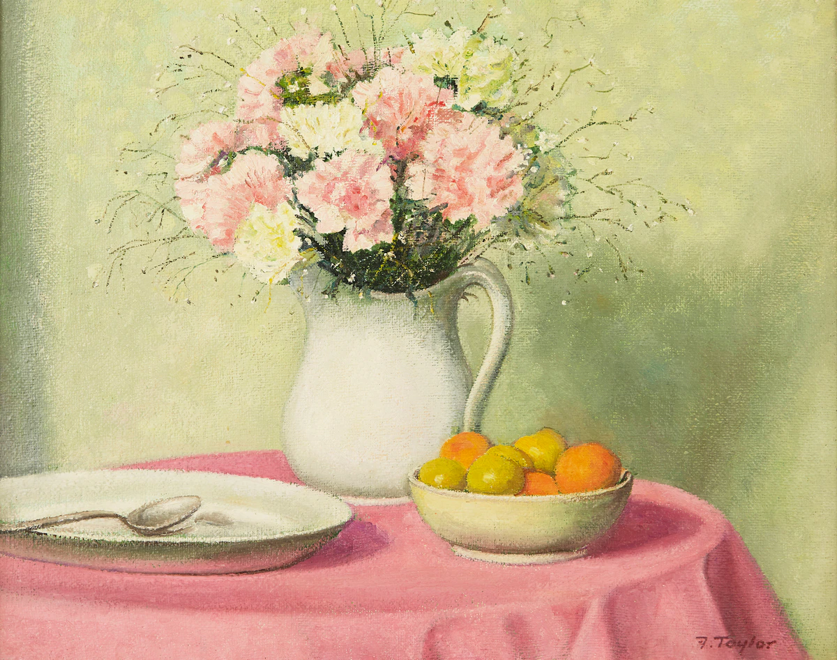 Frederick Bourchier Taylor, Carnations, Peaches and Plums, oil on canvas, 1978