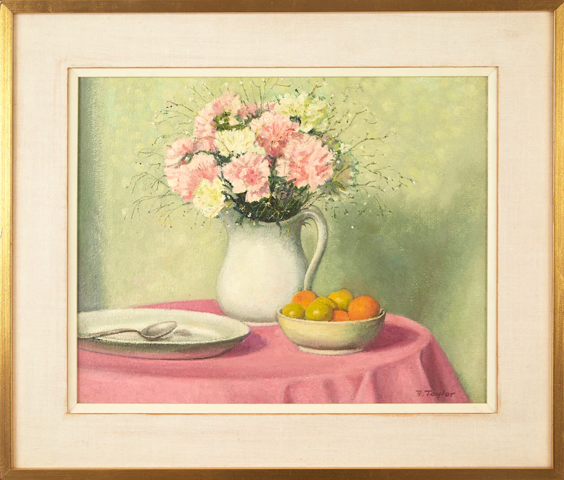 Frederick Bourchier Taylor, Carnations, Peaches and Plums, oil on canvas, 1978 - view 2