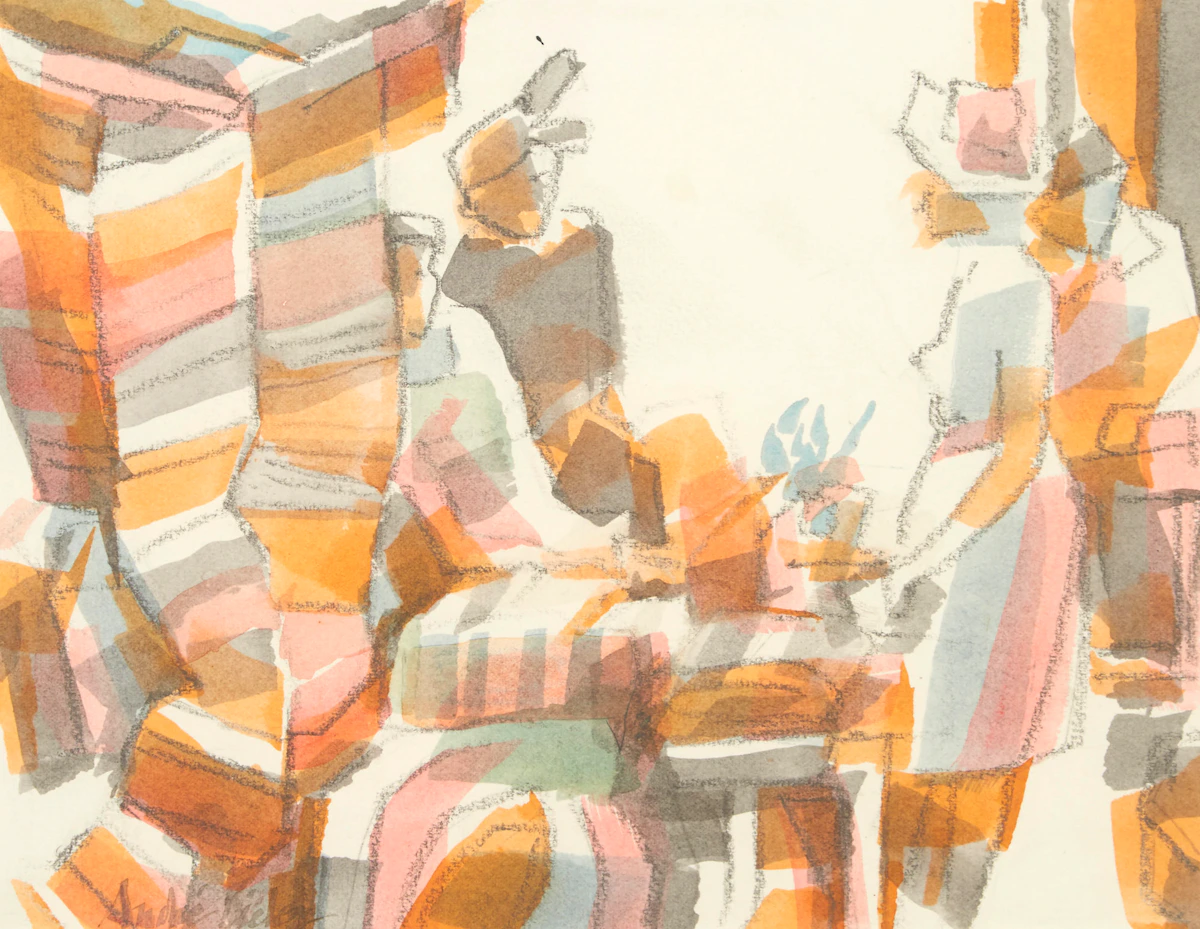 André Charles Biéler, La Mise en Boite, acrylic on paper, 1984
