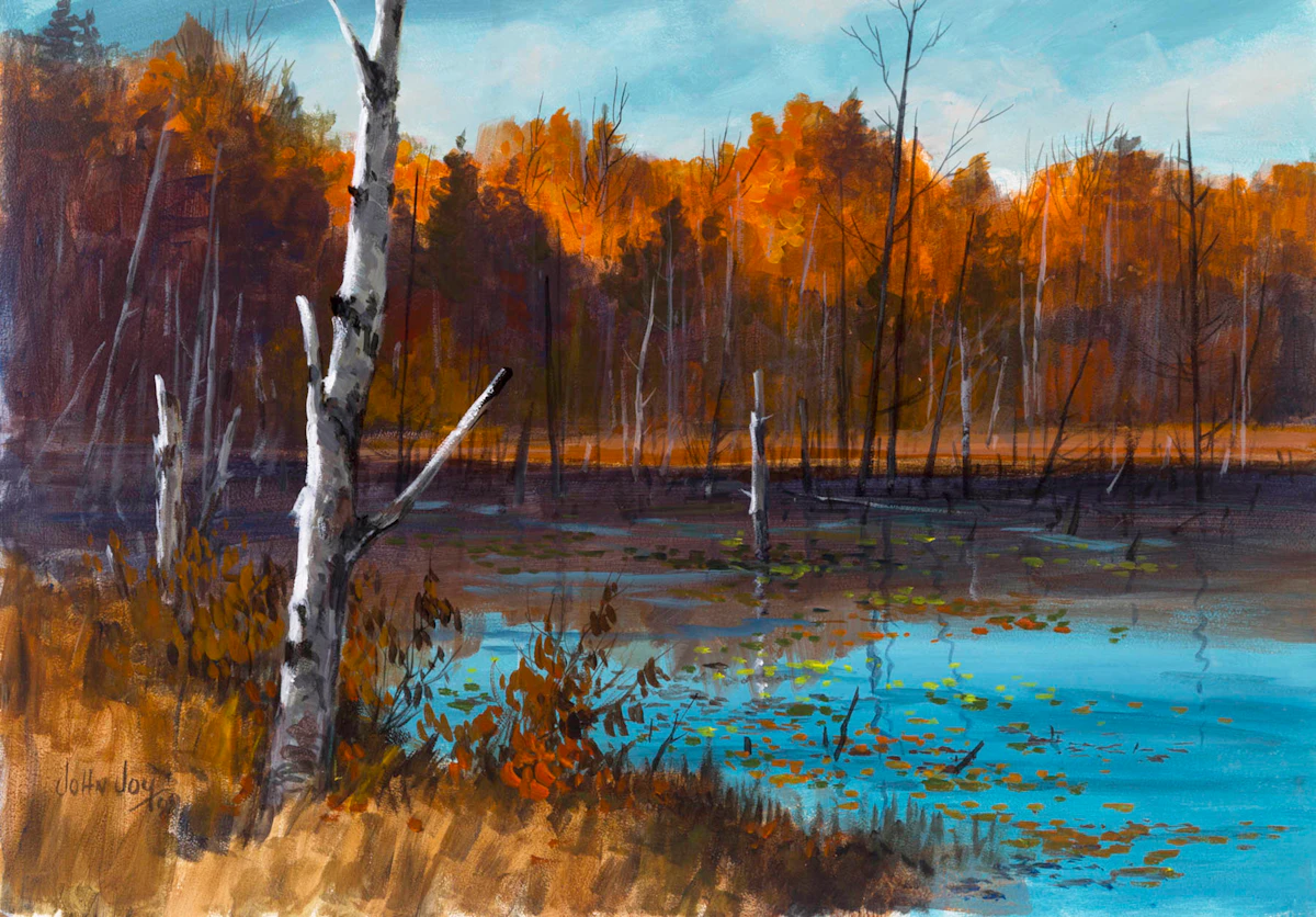 John Joy, Autumn River Landscape, acrylic on board, 1989