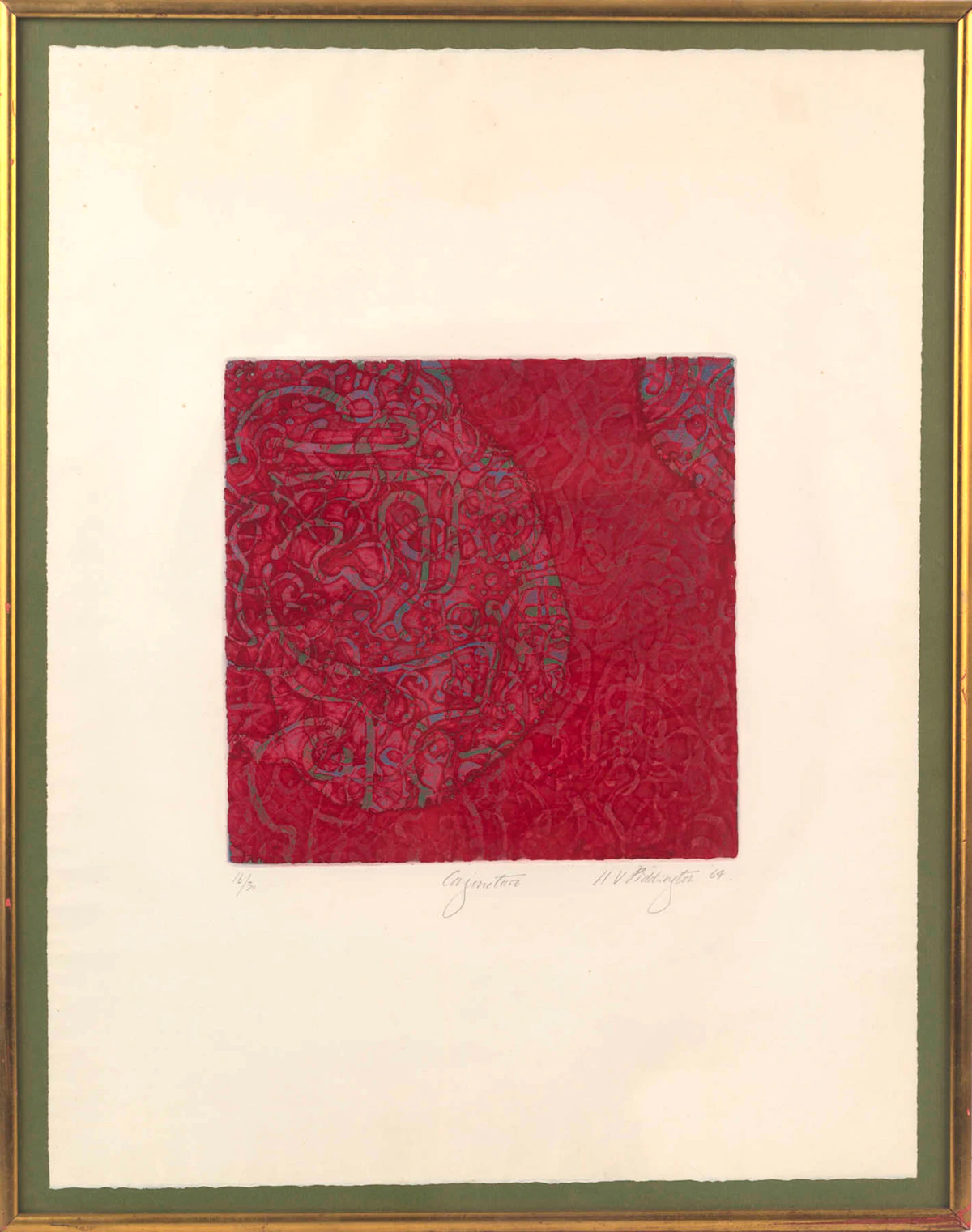 Helen Piddington, Conjoncture, colour etching, 1964