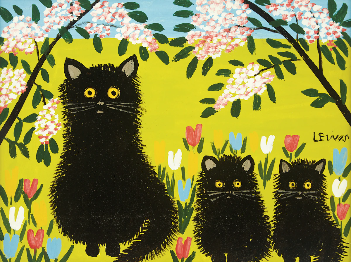 Maud Lewis, Three Black Cats, mixed media on board
