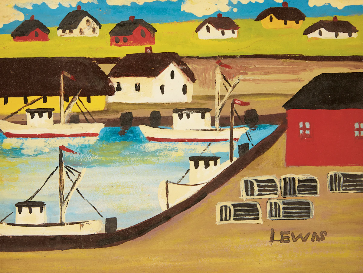 Maud Lewis, Fishing Boats and Lobster Traps, oil on board, circa 1947