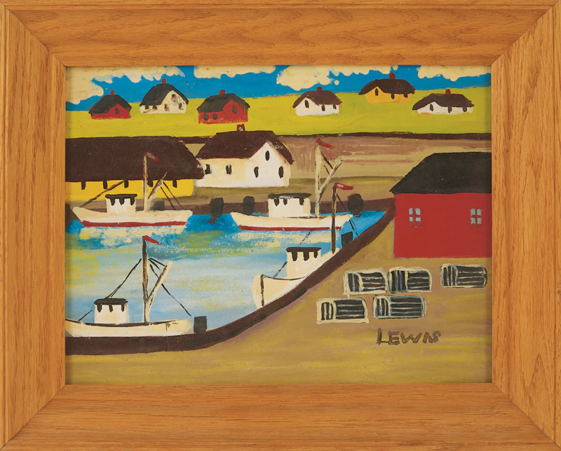 Maud Lewis, Fishing Boats and Lobster Traps, oil on board, circa 1947 - view 2