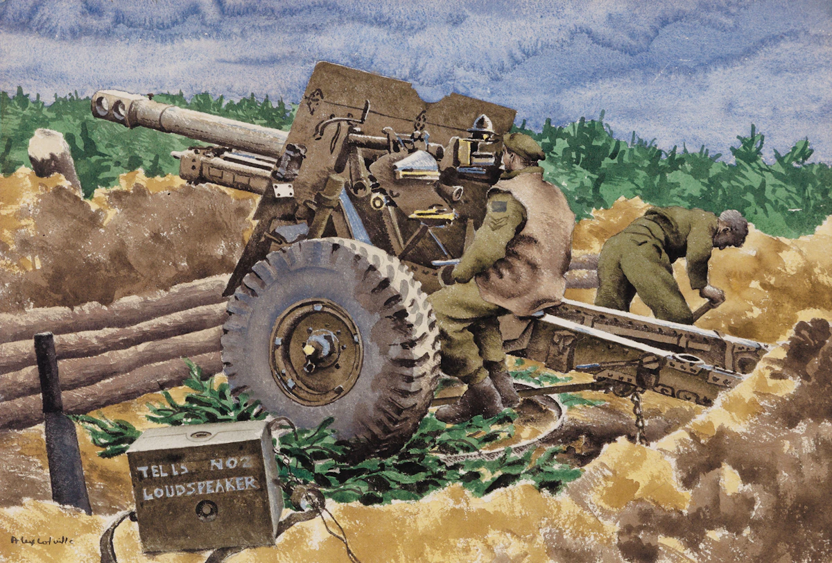 David Alexander Colville, Recording Zero Line, Near Nijmegen, watercolour, 1944