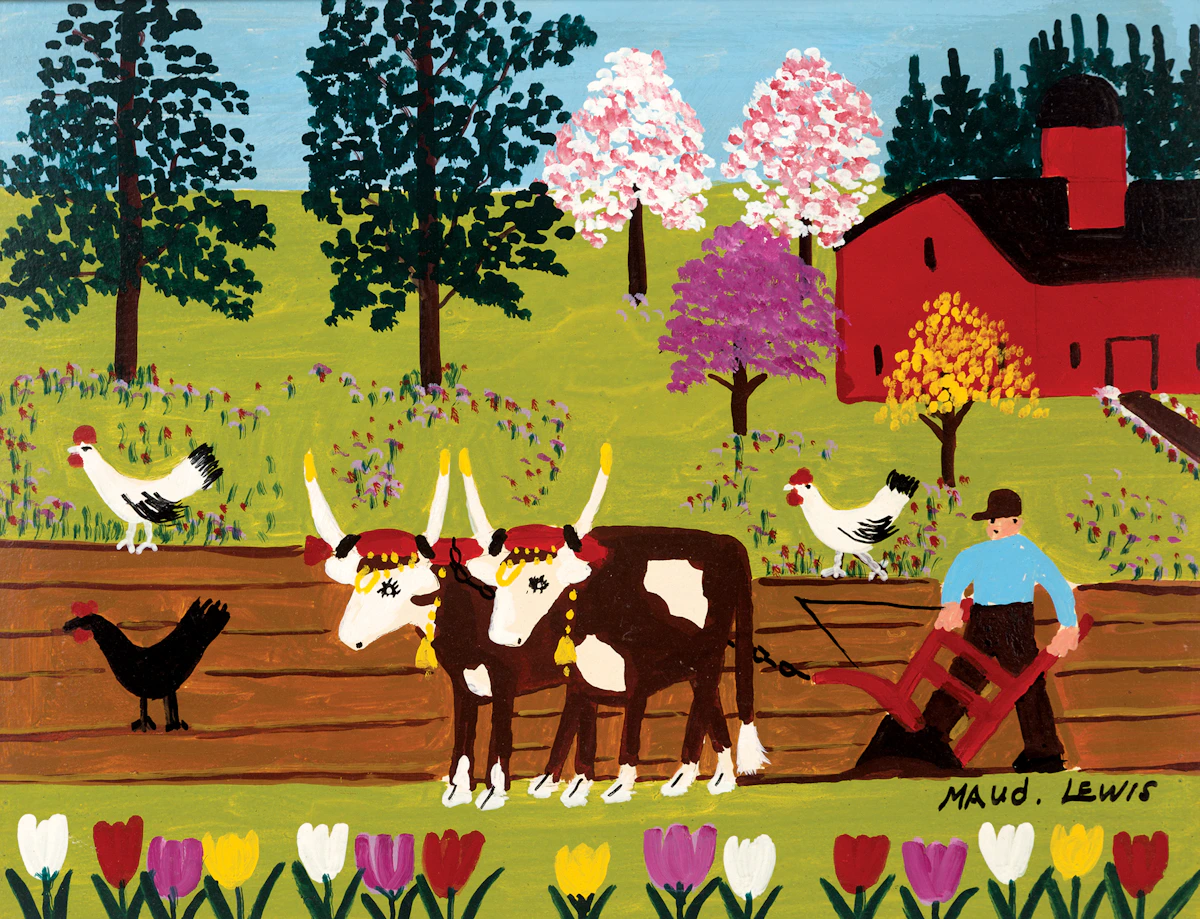 Maud Lewis, Team of Oxen Ploughing, mixed media on board