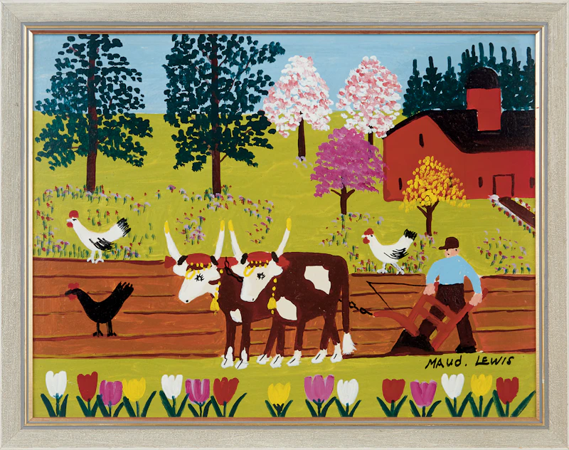 Maud Lewis, Team of Oxen Ploughing, mixed media on board - view 2