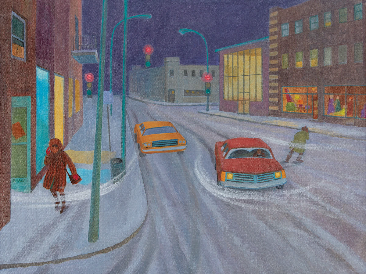 Philip Henry Howard Surrey, Winter Street Scene, oil on canvas, circa 1975