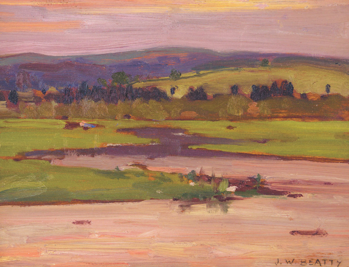 John William Beatty, Sunset Landscape, oil on board
