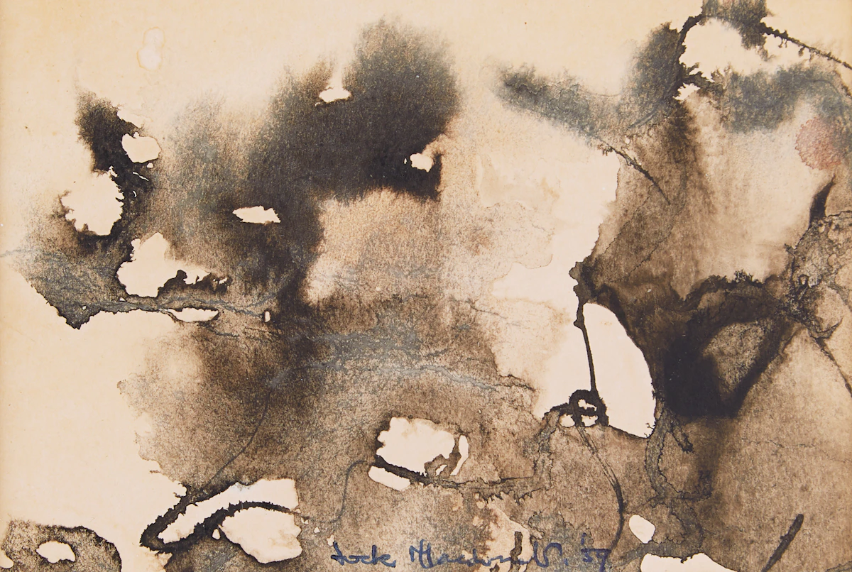 James Williamson Galloway Macdonald, Abstraction, ink on paper; laid onto the cover of a Christmas Card, 1959