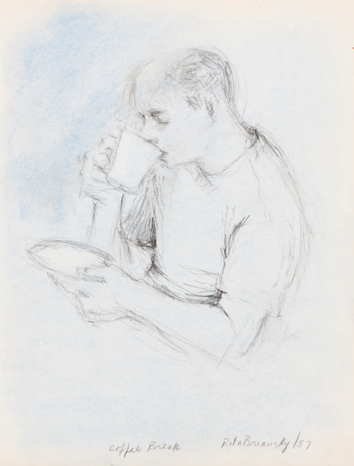 Rita Briansky, Self Portrait; Coffee Break; Studies; Jewish Wedding; Sarah, assorted media on paper (5)