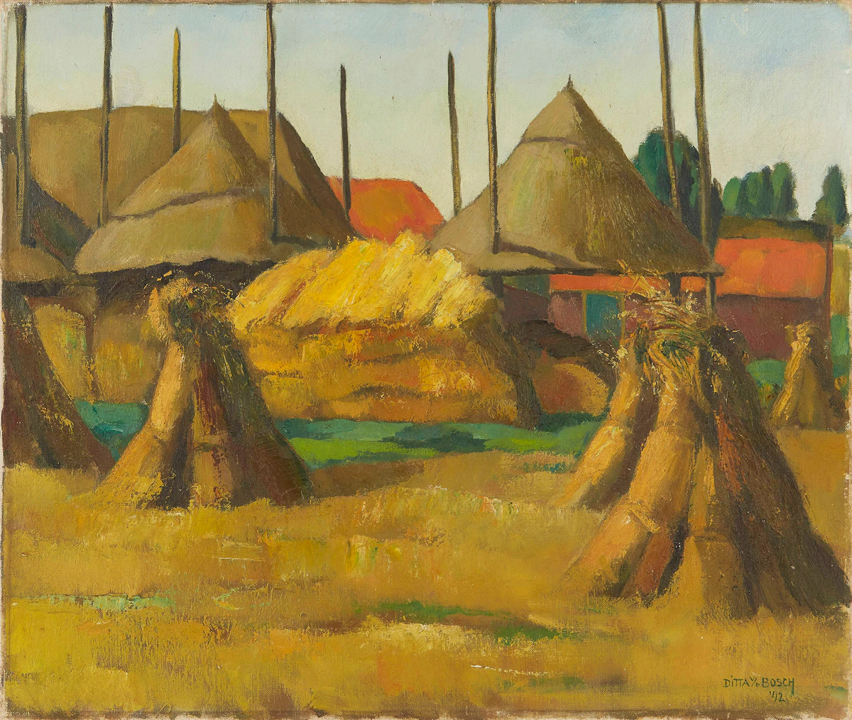 Ditta  van den Bosch, Haystacks, oil on canvas, 1942