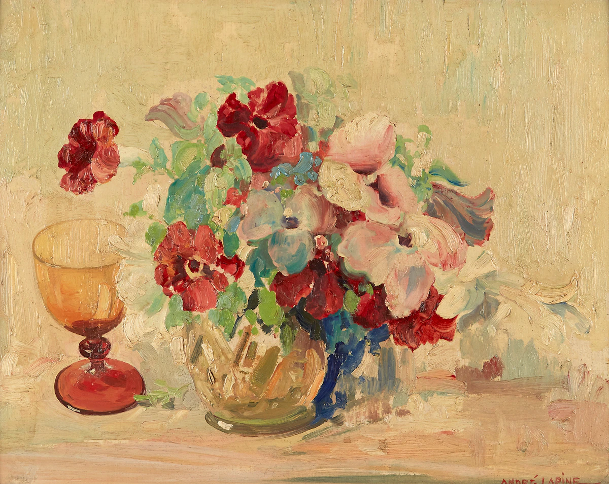 Andréas Christian Gottfried Lapine, Petunias in a Bowl, oil on canvas