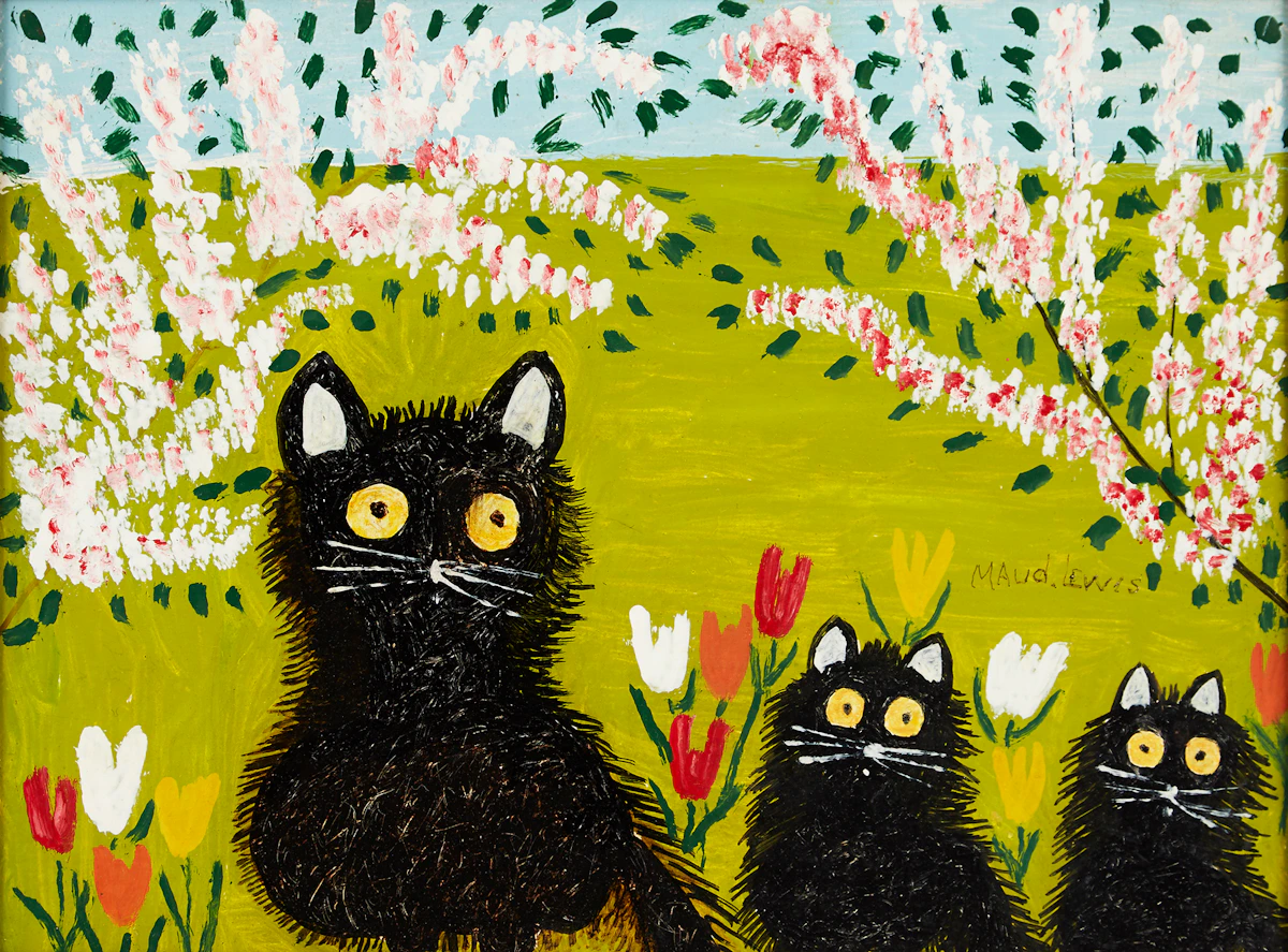 Maud Lewis, Three Black Cats, mixed media on board